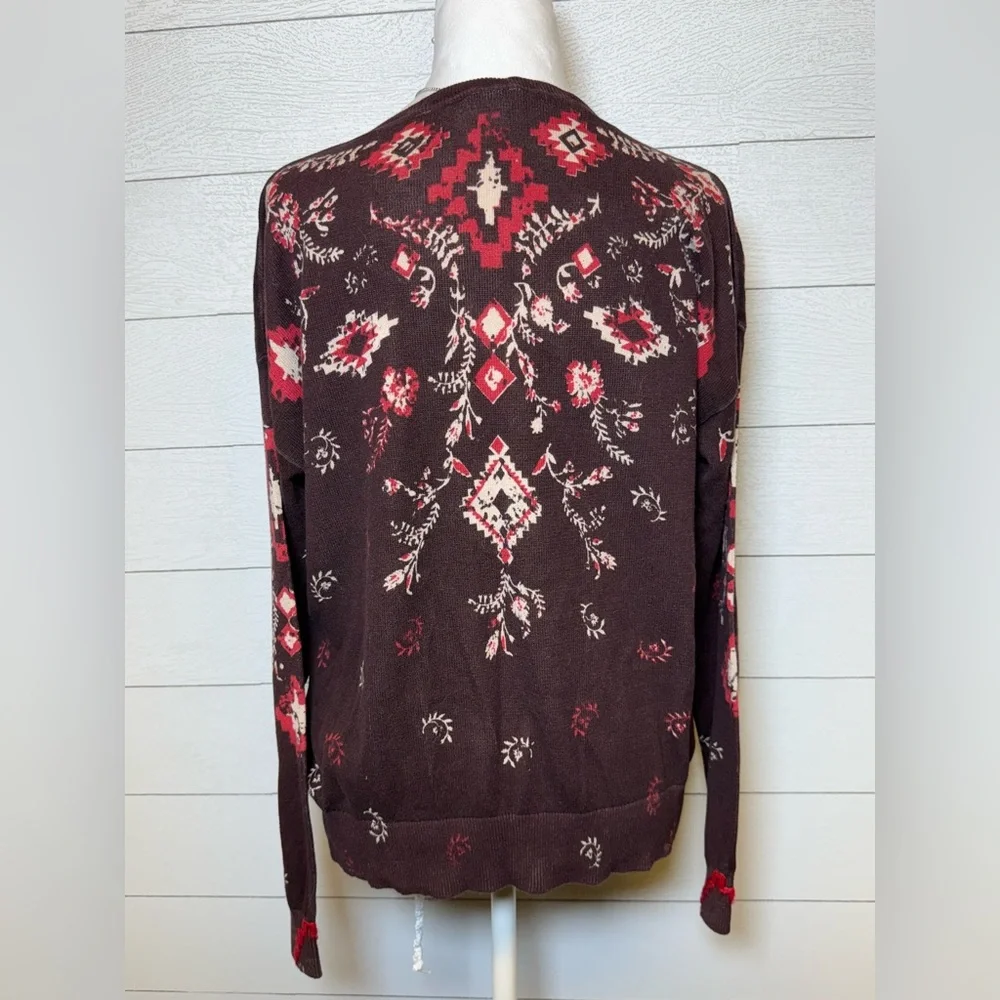 Sundance Glissade Plum V-Neck Print Sweater 100% Cotton Size Medium - Picture 3 of 6